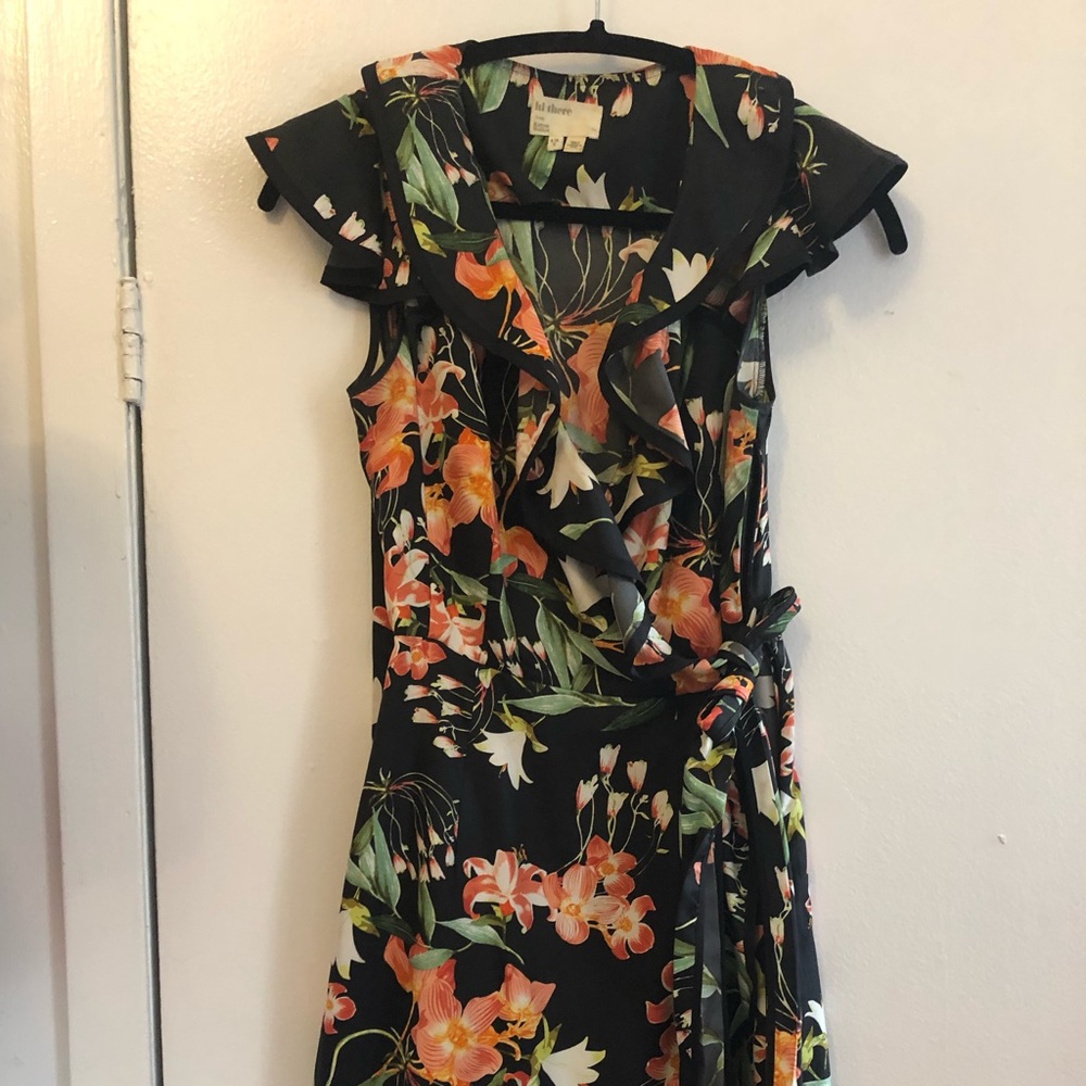 Black floral faux wrap dress